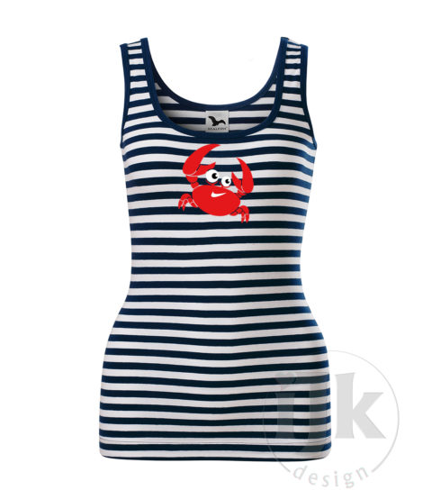 Dámske pasikavé modrobiele bavlnené tričko-Top s potlačou, s červenou, čiernou a bielou hladkou fóliou, s motívom červeného morského kraba, so zvieracím vzorom - krab a TOP-tričko bez rukávov.