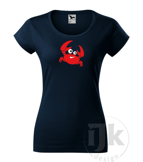 Dámske tmavomodré bavlnené tričko s potlačou, s červenou, čiernou a bielou hladkou fóliou, s motívom červeného morského kraba, so zvieracím vzorom - krab a s krátkym rukávom.