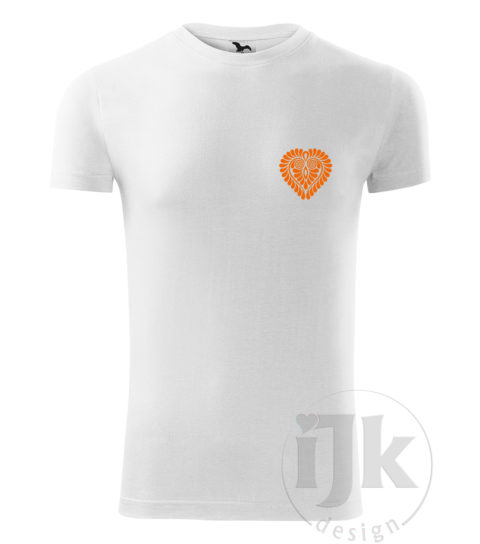 Pánske biele tričko s potlačou, s oranžovou hladkou fóliou, s folklórnym motívom z Čataja a s krátkym rukávom.