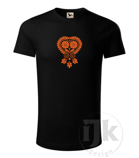 Pánske čierne tričko s potlačou, s oranžovou hladkou fóliou, s folklórnym motívom z Čataja a s krátkym rukávom.