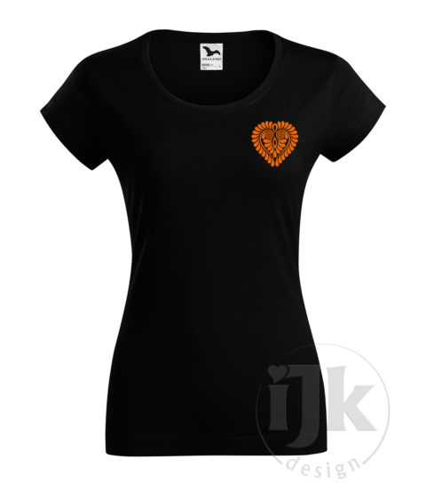 Dámske čierne tričko s potlačou, s oranžovou hladkou fóliou, s folklórnym motívom z Čataja a s krátkym rukávom.