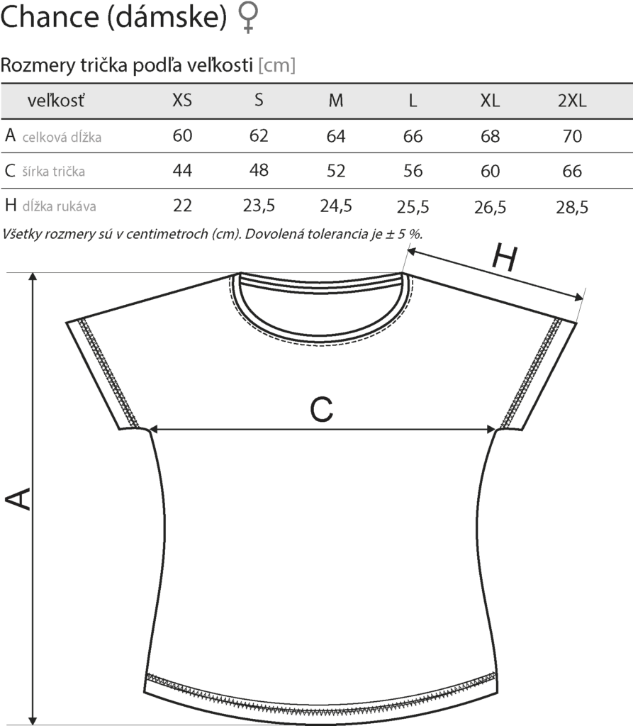 Rozmery veľkostí dámskeho trička Chance.