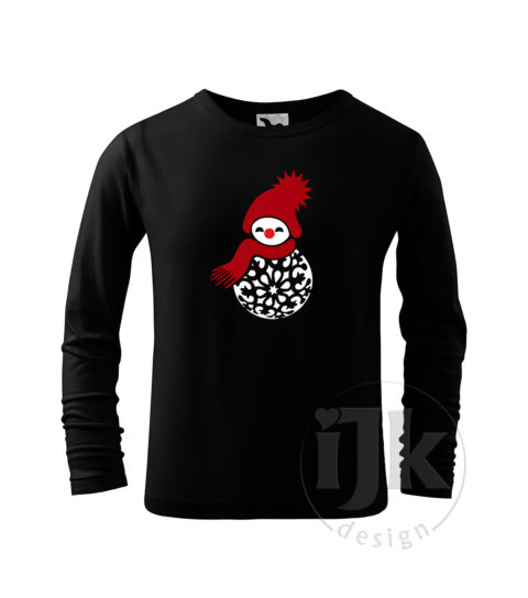 Detské čierne tričko s potlačou, s červenou zamatovou a bielou hladkou fóliou, s autorským zimným vzorom, motívom je snehuliak v netradičnom prevedení, časť jeho tela tvorí vianočná guľa a s dlhým rukávom.