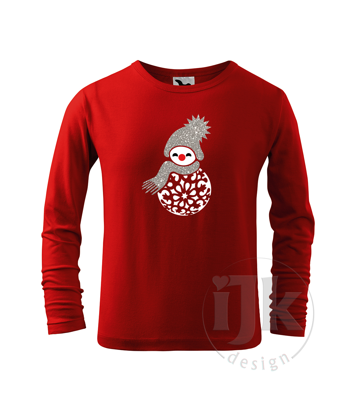 Detské červené tričko s potlačou, so striebornou glitrovou a bielou hladkou fóliou, s autorským zimným vzorom, motívom je snehuliak v netradičnom prevedení, časť jeho tela tvorí vianočná guľa a s dlhým rukávom.