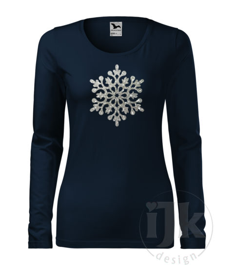 Dámske tmavomodré tričko s potlačou, so striebornou glitrovou fóliou, s autorským zimným vzorom, motívom je jedna veľká snehová vločka a s dlhým rukávom.