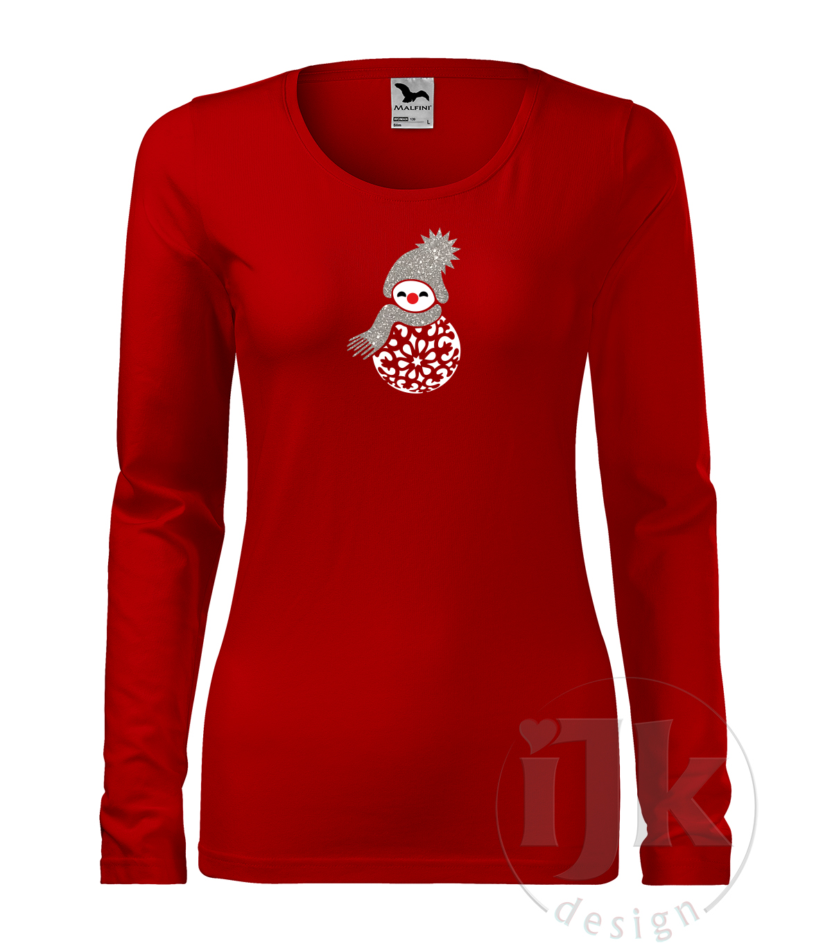 Dámske červené tričko s potlačou, so striebornou glitrovou a bielou hladkou fóliou, s autorským zimným vzorom, motívom je snehuliak v netradičnom prevedení, časť jeho tela tvorí vianočná guľa a s dlhým rukávom.