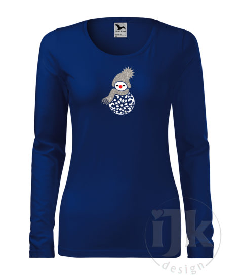 Dámske tričko farba kráľovká modrá s potlačou, so striebornou glitrovou a bielou hladkou fóliou, s autorským zimným vzorom, motívom je snehuliak v netradičnom prevedení, časť jeho tela tvorí vianočná guľa a s dlhým rukávom.