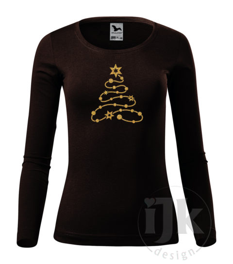 Dámske kávové tričko s potlačou, so zlatou glitrovou fóliou, s autorským zimným vzorom, s vianočným motívom - symbolom Vianoc - vianočným stromčekom, ktorý je vytvorený z ozdobnej reťaze a s dlhým rukávom.