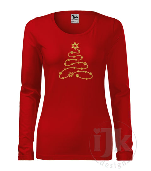 Dámske červené tričko s potlačou, so zlatou glitrovou fóliou, s autorským zimným vzorom, s vianočným motívom - symbolom Vianoc - vianočným stromčekom, ktorý je vytvorený z ozdobnej reťaze a s dlhým rukávom.