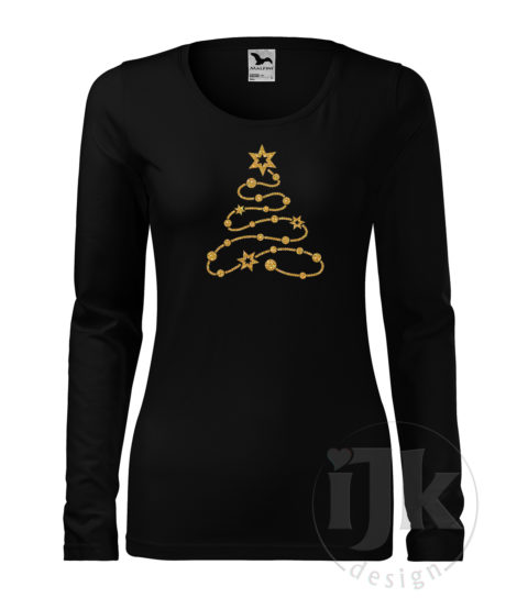 Dámske čierne tričko s potlačou, so zlatou glitrovou fóliou, s autorským zimným vzorom, s vianočným motívom - symbolom Vianoc - vianočným stromčekom, ktorý je vytvorený z ozdobnej reťaze a s dlhým rukávom.