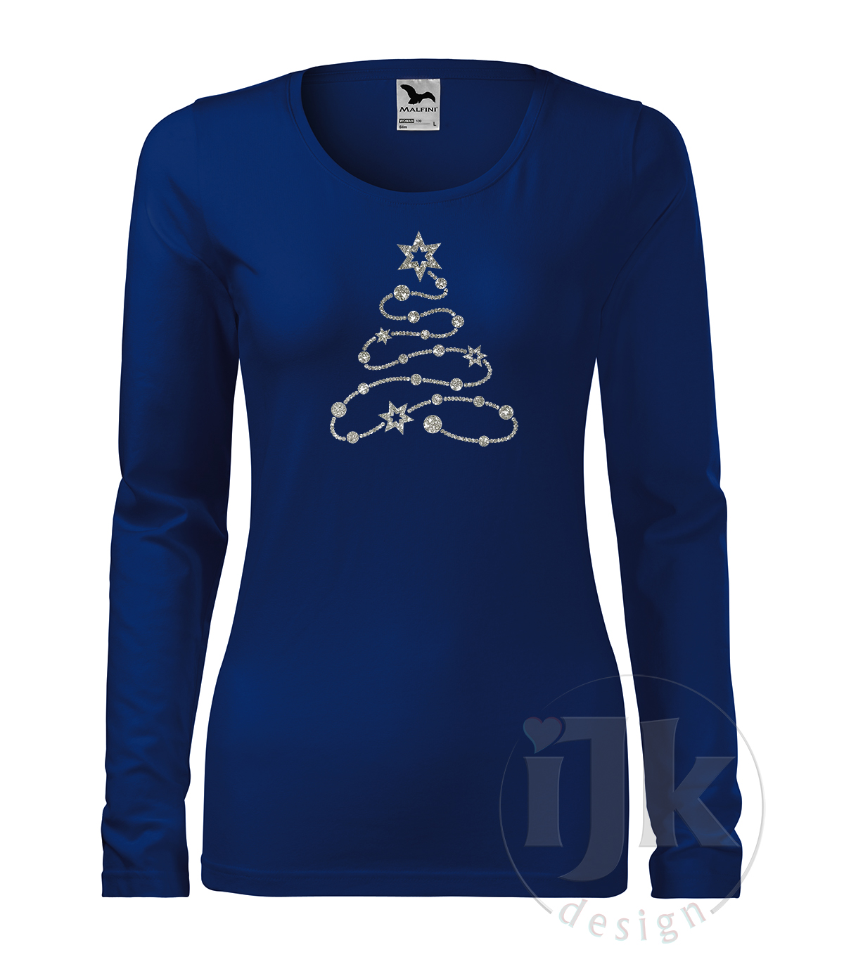 Dámske tričko farba kráľovská modrá s potlačou, so striebornou glitrovou fóliou, s autorským zimným vzorom, s vianočným motívom - symbolom Vianoc - vianočným stromčekom, ktorý je vytvorený z ozdobnej reťaze a s dlhým rukávom.
