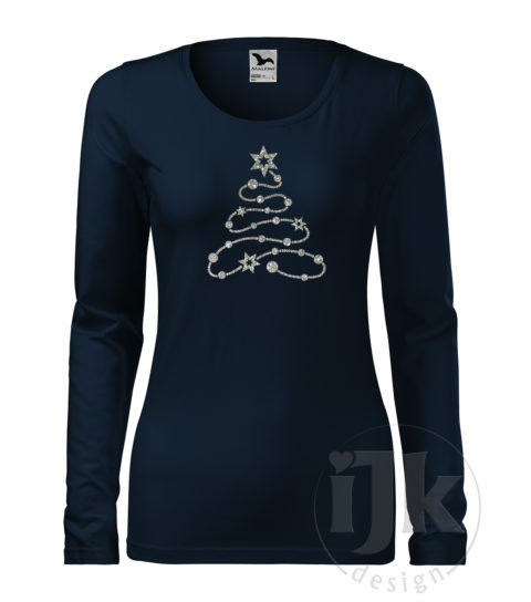 Dámske tmavomodré tričko s potlačou, so striebornou glitrovou fóliou, s autorským zimným vzorom, s vianočným motívom - symbolom Vianoc - vianočným stromčekom, ktorý je vytvorený z ozdobnej reťaze a s dlhým rukávom.