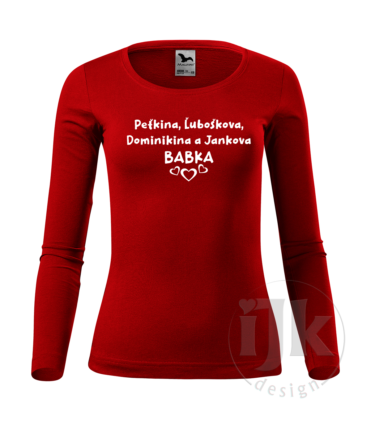 Dámske červené tričko s potlačou, s bielou hladkou fóliou, s autorským vzorom, s menami vnúčat hrdej babky - určený pre každú babku, ktorá miluje svoje vnúčatá a s dlhým rukávom.