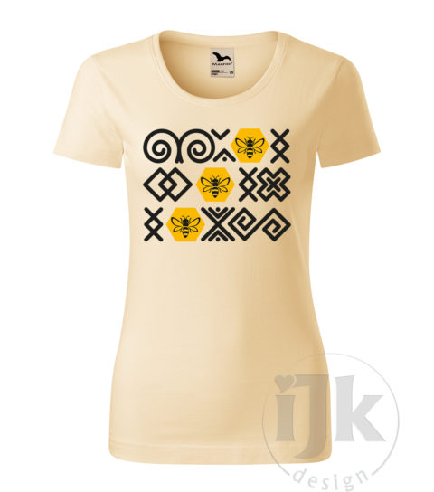 Dámske vanilkové tričko s potlačou, s čiernou a žltou hladkou fóliou, s folklórnym motívom z Čičmian a s včelami sediacimi na žltých plástoch a s krátkym rukávom.