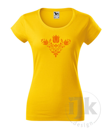 Dámske žlté tričko s potlačou, s oranžovou hladkou fóliou, s folklórnym motívom z Jablonice a s krátkym rukávom.