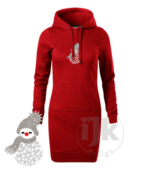 Dámska červená mikina/šaty s potlačou, so striebornou glitrovou a bielou hladkou fóliou, s autorským zimným vzorom, motívom je snehuliak v netradičnom prevedení, časť jeho tela tvorí vianočná guľa a s dlhým rukávom.