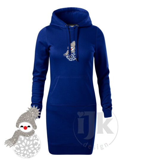 Dámska mikina/šaty farba kráľovská modrá s potlačou, so striebornou glitrovou a bielou hladkou fóliou, s autorským zimným vzorom, motívom je snehuliak v netradičnom prevedení, časť jeho tela tvorí vianočná guľa a s dlhým rukávom.