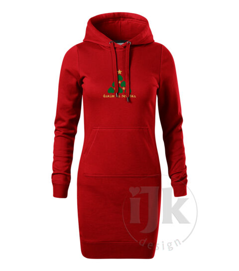 Dámska červená mikina/šaty s potlačou, so zelenou zamatovou a zlatou glitrovou fóliou, s autorským zimným, vianočným vzorom, motívom je originálne stvárnený vianočný stromček a s dlhým rukávom.