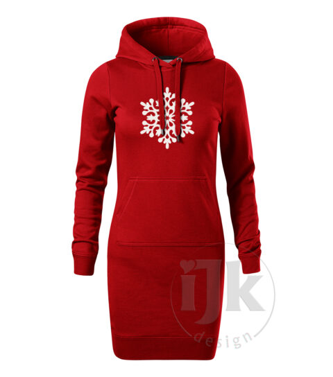 Dámska červená mikina/šaty s potlačou, s bielou glitrovou fóliou, s autorským zimným vzorom, motívom je jedna veľká snehová vločka a s dlhým rukávom.