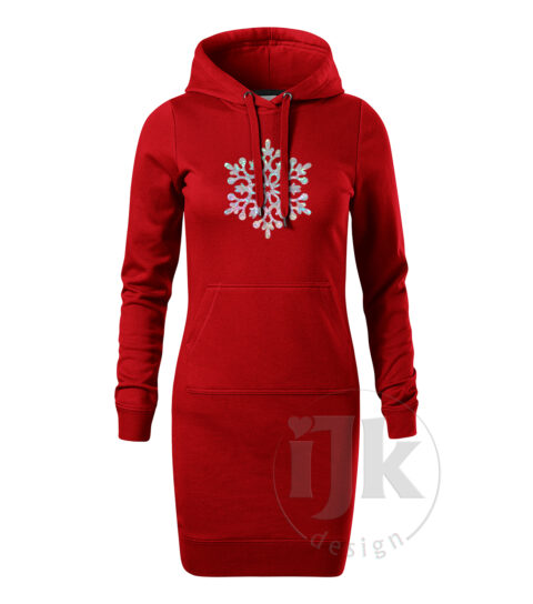Dámska červená mikina/šaty s potlačou, s crystal fóliou, s autorským zimným vzorom, motívom je jedna veľká snehová vločka a s dlhým rukávom.