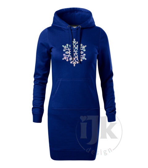 Dámska mikina/šaty farba káľovská modrá s potlačou, s crystal fóliou, s autorským zimným vzorom, motívom je jedna veľká snehová vločka a s dlhým rukávom.