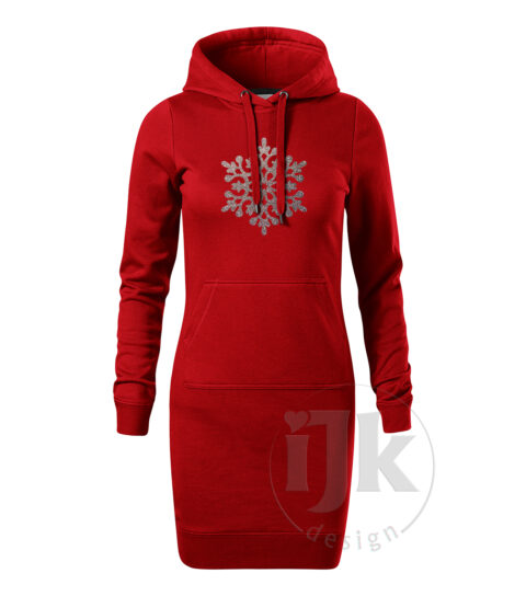 Dámska červená mikina/šaty s potlačou, s multi glitrovou fóliou, s autorským zimným vzorom, motívom je jedna veľká snehová vločka a s dlhým rukávom.