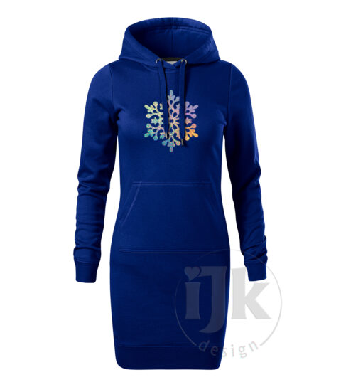 Dámska mikina/šaty farba kráľosvská modrá s potlačou, so sparkle fóliou, s autorským zimným vzorom, motívom je jedna veľká snehová vločka a s dlhým rukávom.