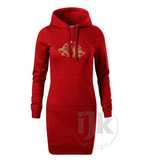 Dámska červená mikina/šaty s potlačou, so zlatou glitrovou fóliou, s autorským zimným vzorom, motívom sú originálne stvárnené zvončeky s dlhým rukávom.