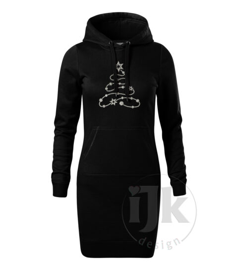 Dámska čierna mikina/šaty s potlačou, so striebornou glitrovou fóliou, s autorským zimným vzorom, s vianočným motívom - symbolom Vianoc - vianočným stromčekom, ktorý je vytvorený z ozdobnej reťaze.