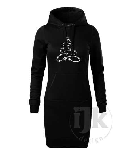 Dámska čierna mikina/šaty s potlačou, so striebornou zrkadlovou hladkou fóliou, s autorským zimným vzorom, s vianočným motívom - symbolom Vianoc - vianočným stromčekom, ktorý je vytvorený z ozdobnej reťaze.