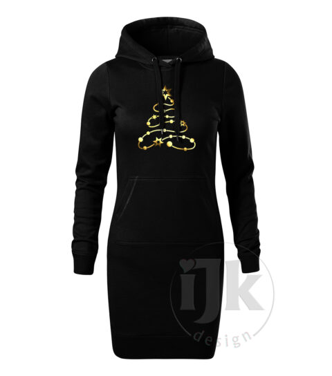 Dámska čierna mikina/šaty s potlačou, so zlatou zrkadlovou hladkou fóliou, s autorským zimným vzorom, s vianočným motívom - symbolom Vianoc - vianočným stromčekom, ktorý je vytvorený z ozdobnej reťaze.