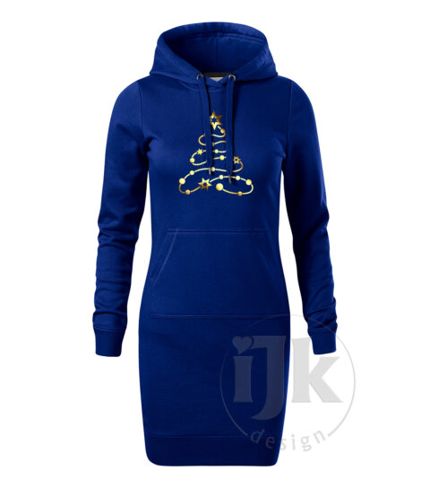 Dámska mikina/šaty farba kráľovská modrá s potlačou, so zlatou zrkadlovou hladkou fóliou, s autorským zimným vzorom, s vianočným motívom - symbolom Vianoc - vianočným stromčekom, ktorý je vytvorený z ozdobnej reťaze.