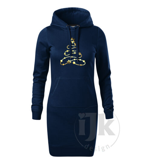 Dámska mikina/šaty farba nočná modrá s potlačou, so zlatou zrkadlovou hladkou fóliou, s autorským zimným vzorom, s vianočným motívom - symbolom Vianoc - vianočným stromčekom, ktorý je vytvorený z ozdobnej reťaze.
