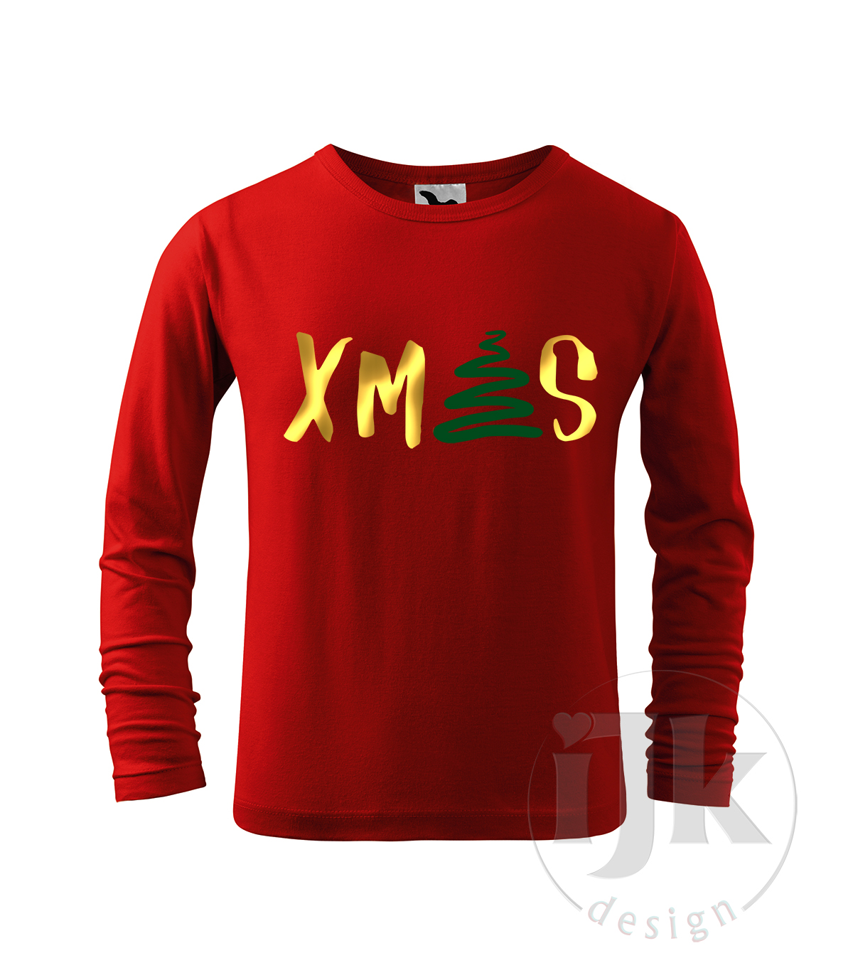 Detské červené tričko s potlačou, so zelenou zamatovou a zlatou zrkadlovou fóliou, s autorským zimným, vianočným vzorom, motívom je originálne stvárnený nápis Vianoce a s dlhým rukávom.