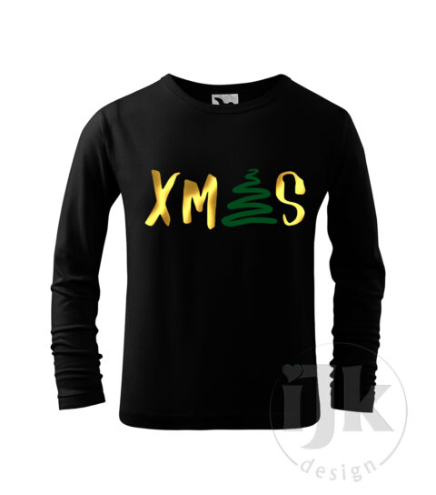 Detské čierne tričko s potlačou, so zelenou zamatovou a zlatou zrkadlovou fóliou, s autorským zimným, vianočným vzorom, motívom je originálne stvárnený nápis Vianoce a s dlhým rukávom.