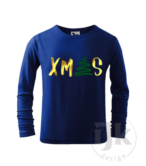Detské tričko farba kráľovská modrá s potlačou, so zelenou zamatovou a zlatou zrkadlovou fóliou, s autorským zimným, vianočným vzorom, motívom je originálne stvárnený nápis Vianoce a s dlhým rukávom.
