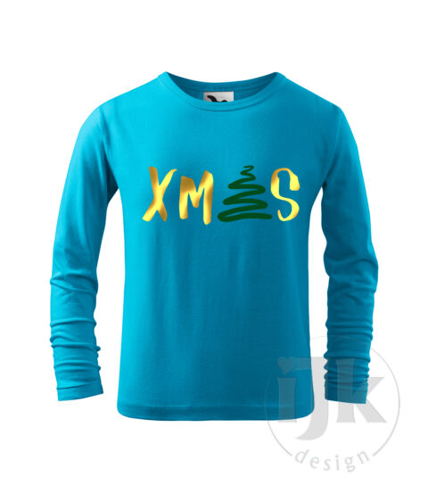Detské tyrkysové tričko s potlačou, so zelenou zamatovou a zlatou zrkadlovou fóliou, s autorským zimným, vianočným vzorom, motívom je originálne stvárnený nápis Vianoce a s dlhým rukávom.