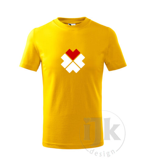 Detské žlté tričko s potlačou, s červenou a bielou hladkou fóliou, s folklórnym motívom z Čičmian a so štyrmi srdiečkami v tvare štvorlístka, jedno srdiečko je červené a s krátkym rukávom.