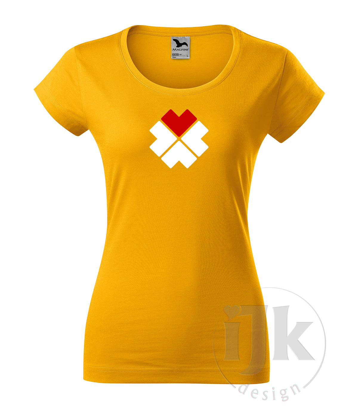Dámske žlté tričko s potlačou, s červenou a bielou hladkou fóliou, s folklórnym motívom z Čičmian a so štyrmi srdiečkami v tvare štvorlístka, jedno srdiečko je červené a s krátkym rukávom.