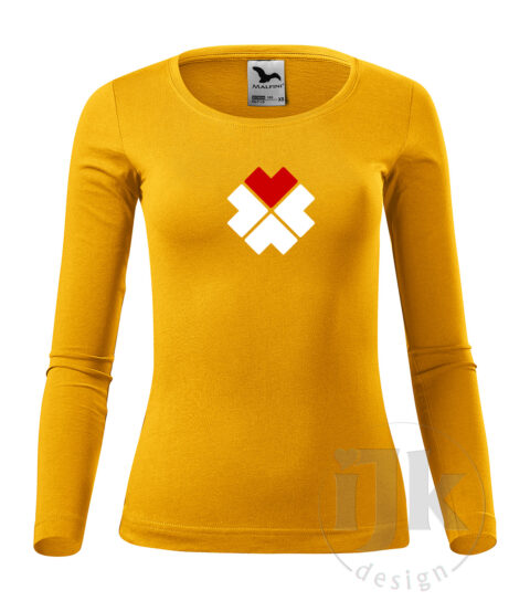 Dámske žlté tričko s potlačou, s červenou a bielou hladkou fóliou, s folklórnym motívom z Čičmian a so štyrmi srdiečkami v tvare štvorlístka, jedno srdiečko je červené a s dlhým rukávom.